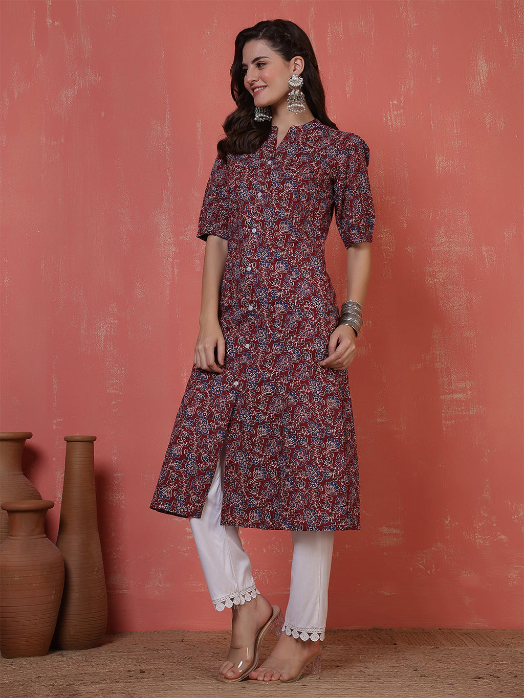 Antaran Maroon Pure Cotton Front Buttoned Printed Kurta | Grocsy