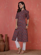 Antaran Maroon Pure Cotton Front Buttoned Printed Kurta | Grocsy