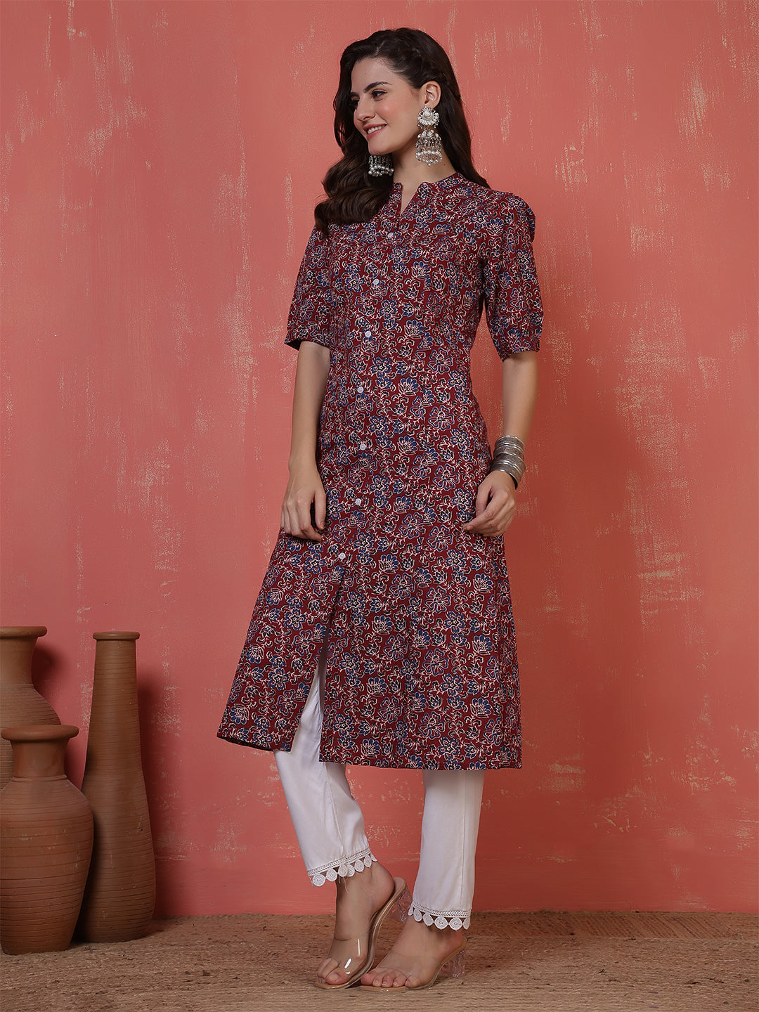 Antaran Maroon Pure Cotton Front Buttoned Printed Kurta | Grocsy