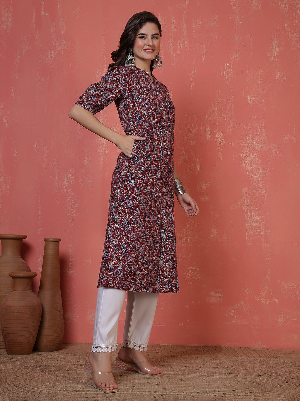 Antaran Maroon Pure Cotton Front Buttoned Printed Kurta | Grocsy