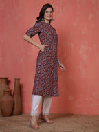 Antaran Maroon Pure Cotton Front Buttoned Printed Kurta | Grocsy