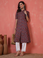 Antaran Maroon Pure Cotton Front Buttoned Printed Kurta | Grocsy