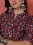 Antaran Maroon Pure Cotton Front Buttoned Printed Kurta | Grocsy