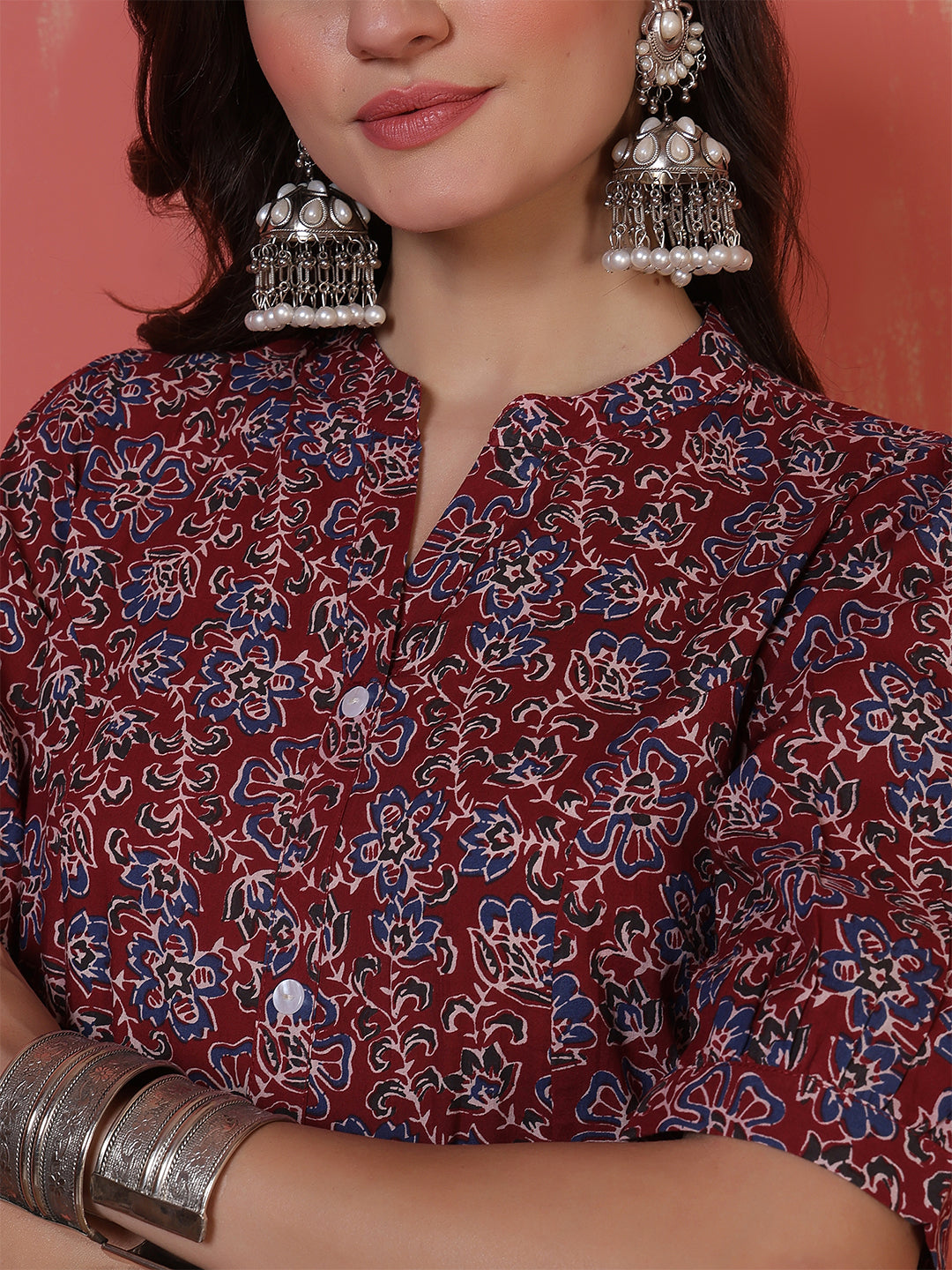 Antaran Maroon Pure Cotton Front Buttoned Printed Kurta | Grocsy