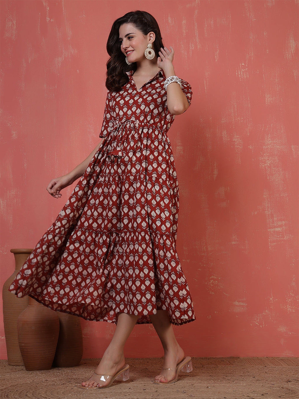 Antaran Maroon Pure Cotton Tiered Printed Dress | Grocsy