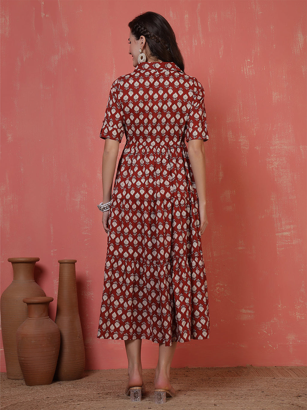 Antaran Maroon Pure Cotton Tiered Printed Dress | Grocsy