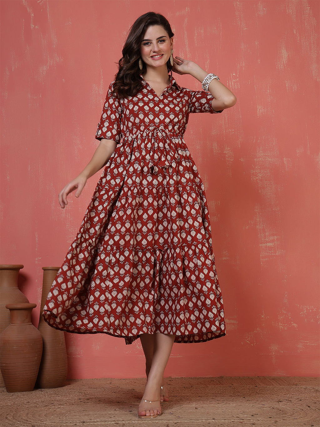 Antaran Maroon Pure Cotton Tiered Printed Dress | Grocsy