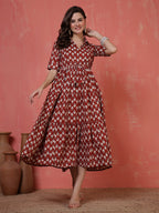 Antaran Maroon Pure Cotton Tiered Printed Dress | Grocsy