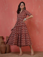 Antaran Maroon Pure Cotton Tiered Printed Dress | Grocsy