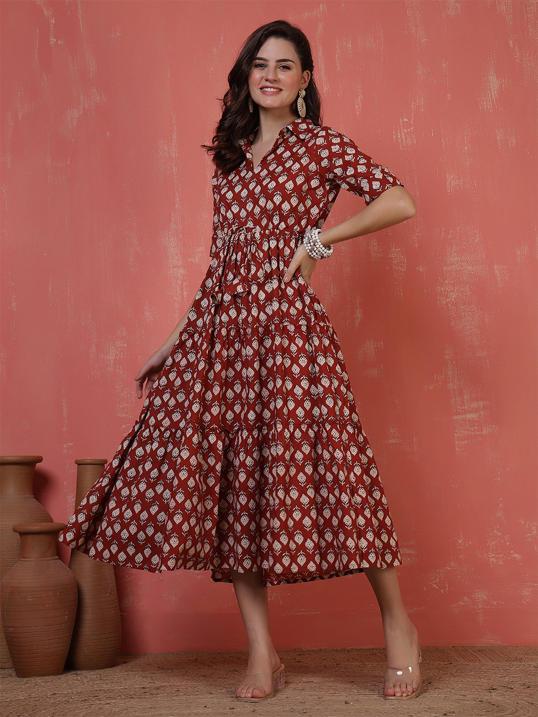 Antaran Maroon Pure Cotton Tiered Printed Dress | Grocsy