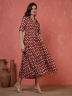 Antaran Maroon Pure Cotton Tiered Printed Dress | Grocsy