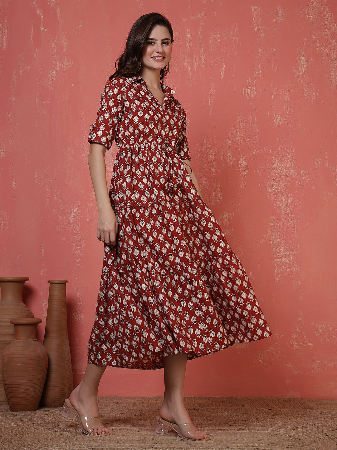 Antaran Maroon Pure Cotton Tiered Printed Dress | Grocsy