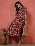 Antaran Maroon Pure Cotton Tiered Printed Dress | Grocsy