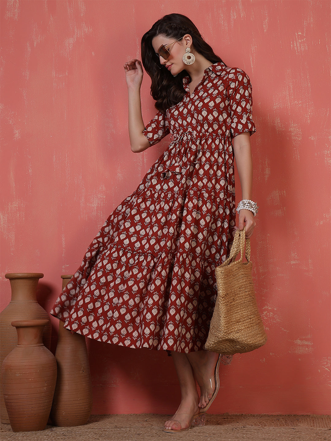 Antaran Maroon Pure Cotton Tiered Printed Dress | Grocsy