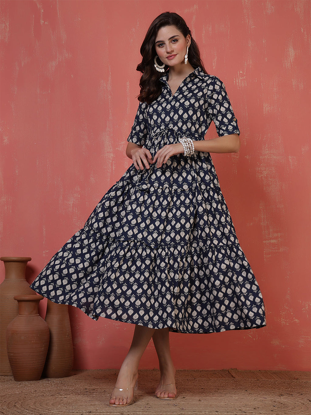 Antaran Blue Pure Cotton Tiered Printed Dress | Grocsy