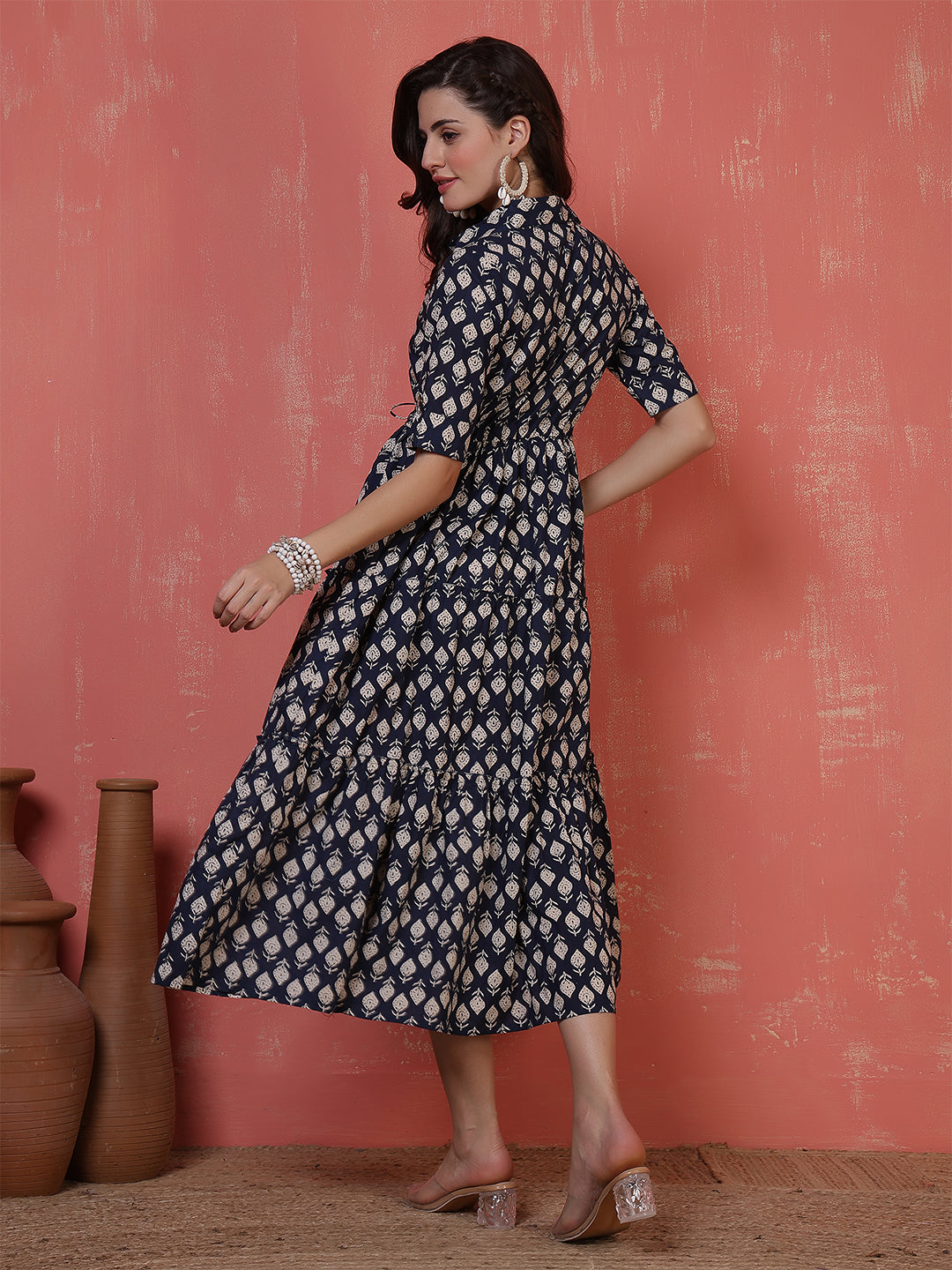 Antaran Blue Pure Cotton Tiered Printed Dress | Grocsy