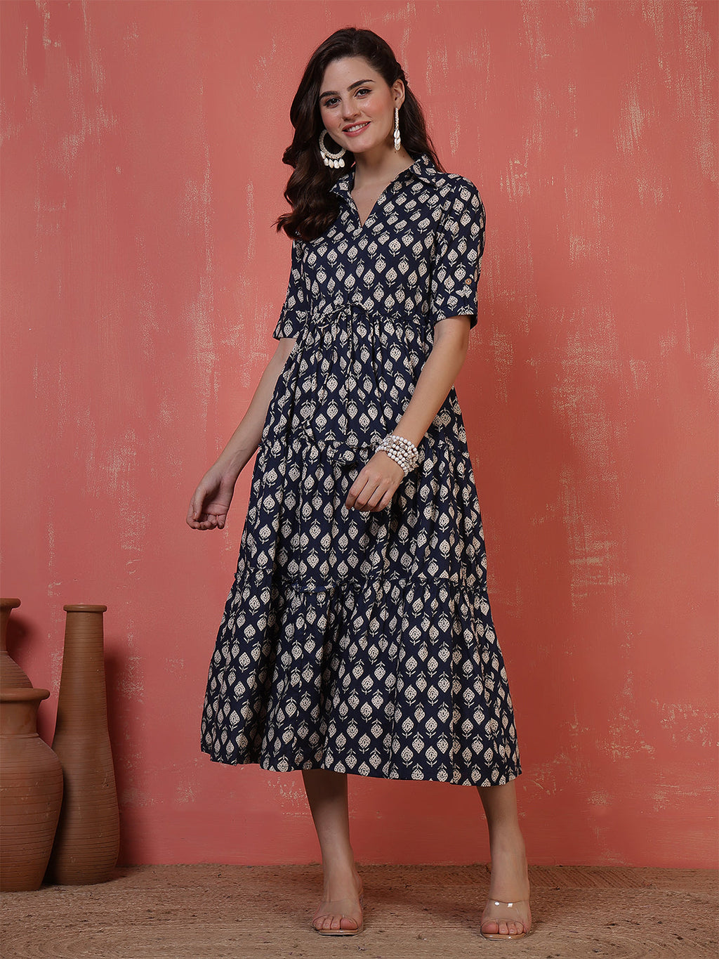 Antaran Blue Pure Cotton Tiered Printed Dress | Grocsy