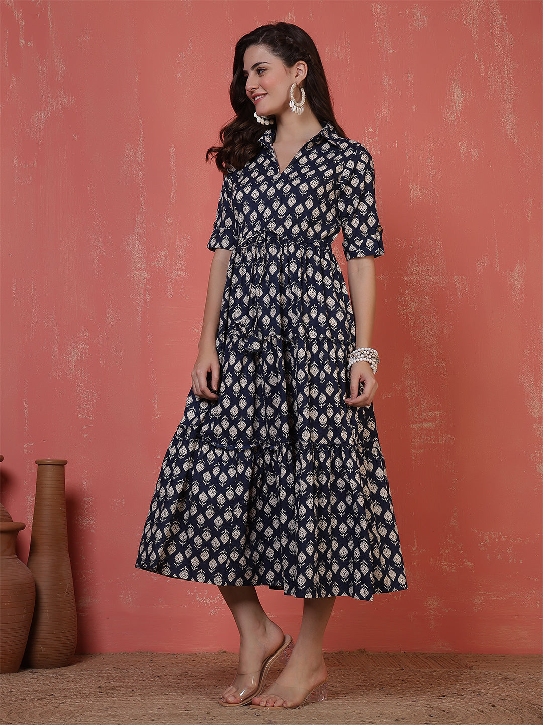 Antaran Blue Pure Cotton Tiered Printed Dress | Grocsy