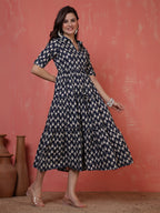 Antaran Blue Pure Cotton Tiered Printed Dress | Grocsy