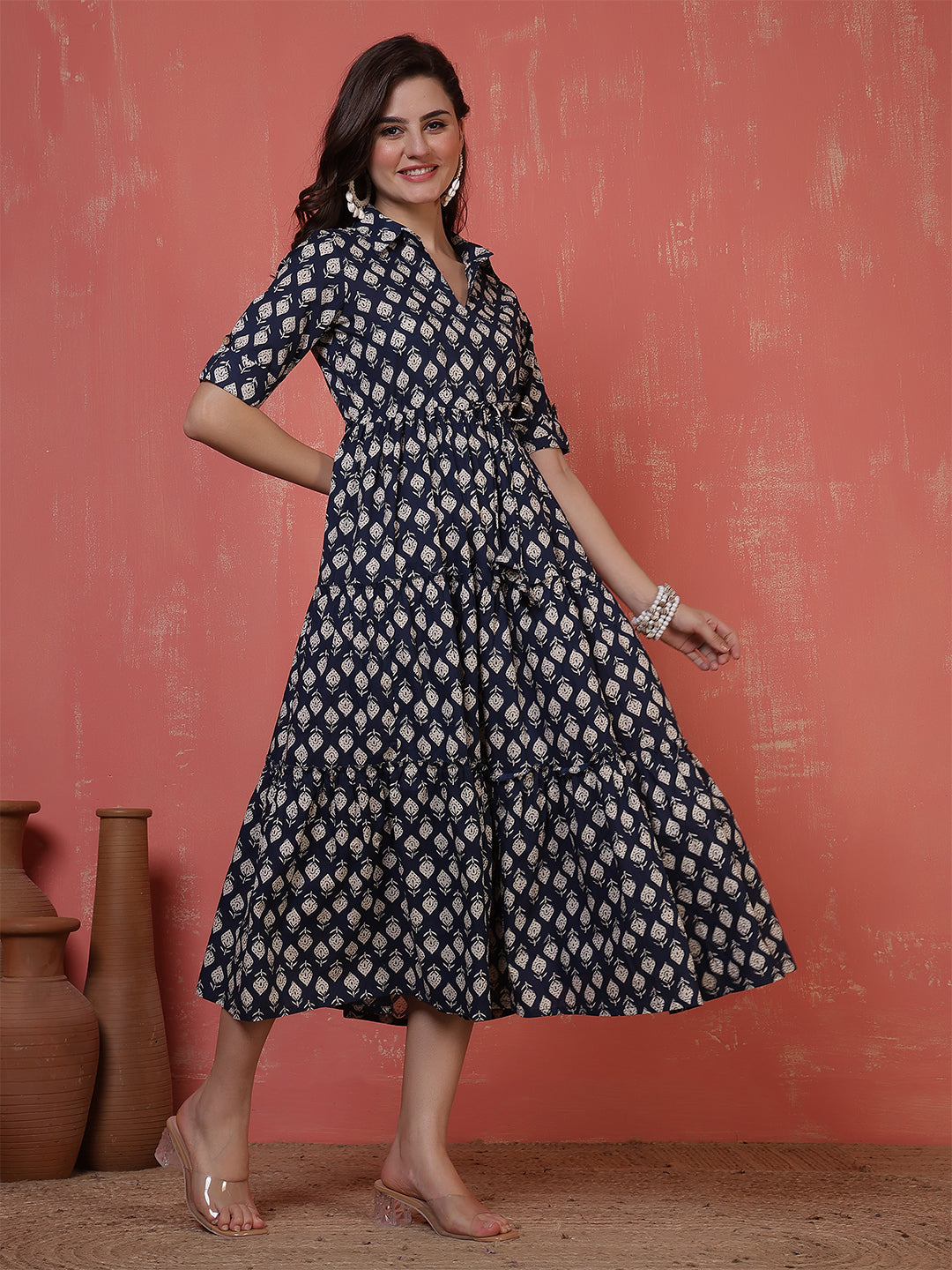 Antaran Blue Pure Cotton Tiered Printed Dress | Grocsy