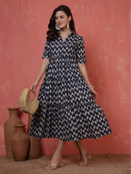 Antaran Blue Pure Cotton Tiered Printed Dress | Grocsy
