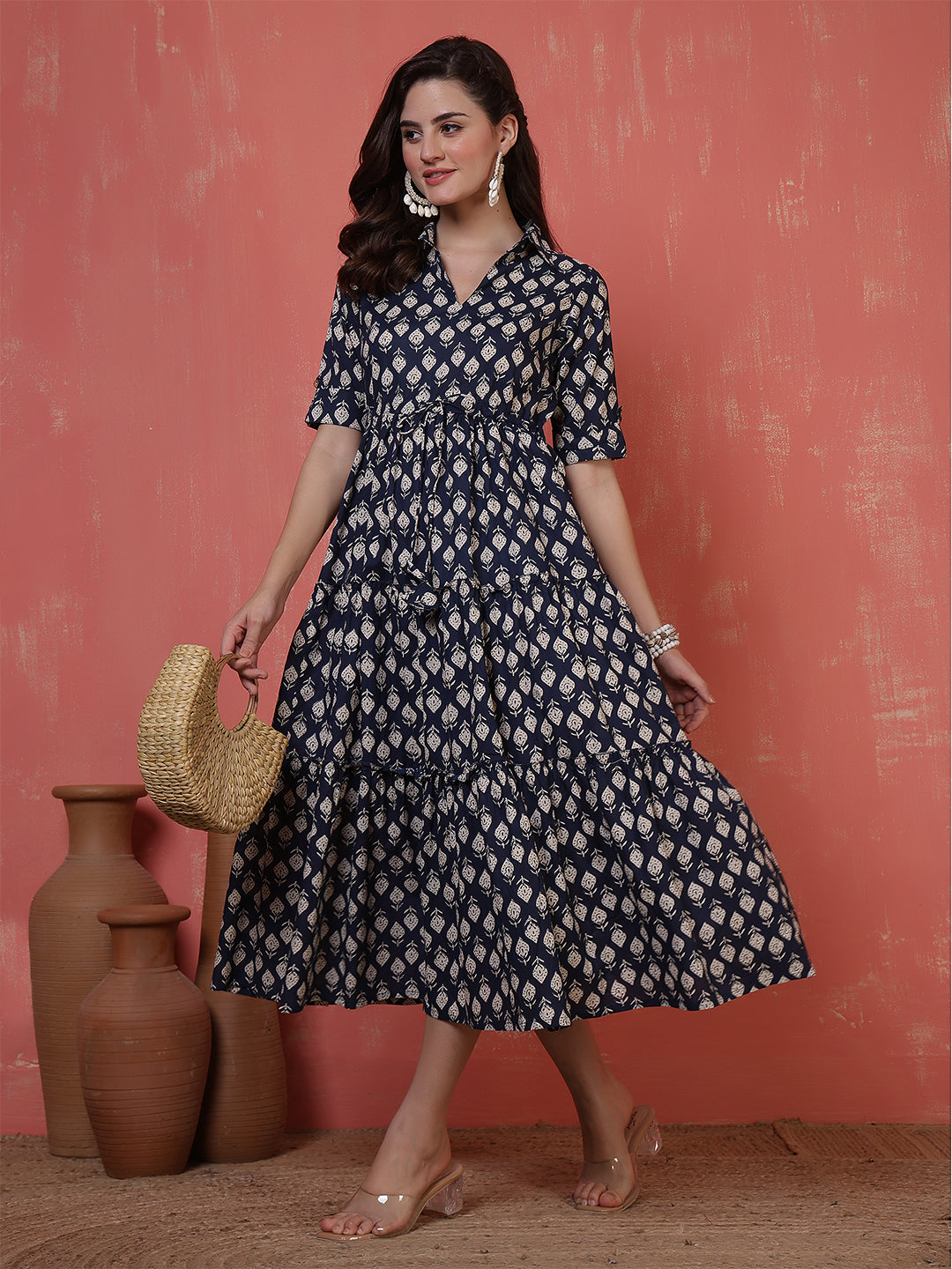 Antaran Blue Pure Cotton Tiered Printed Dress | Grocsy