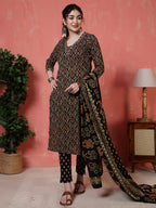 Antaran Black Pure Cotton Embroidered Kurta Pant Dupatta | Grocsy