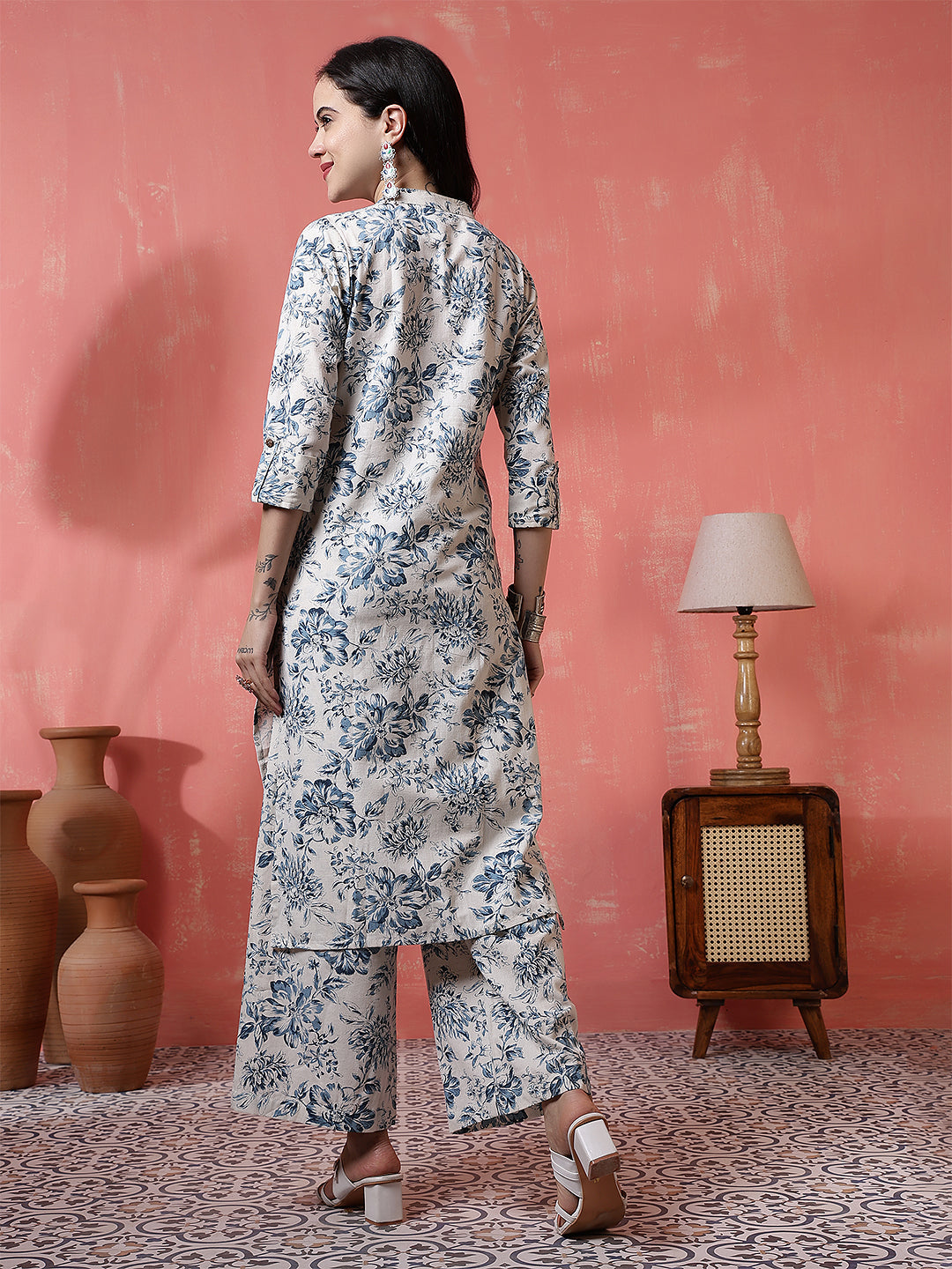 Antaran Off White Pure Cotton Printed Kurta Pant Set | Grocsy