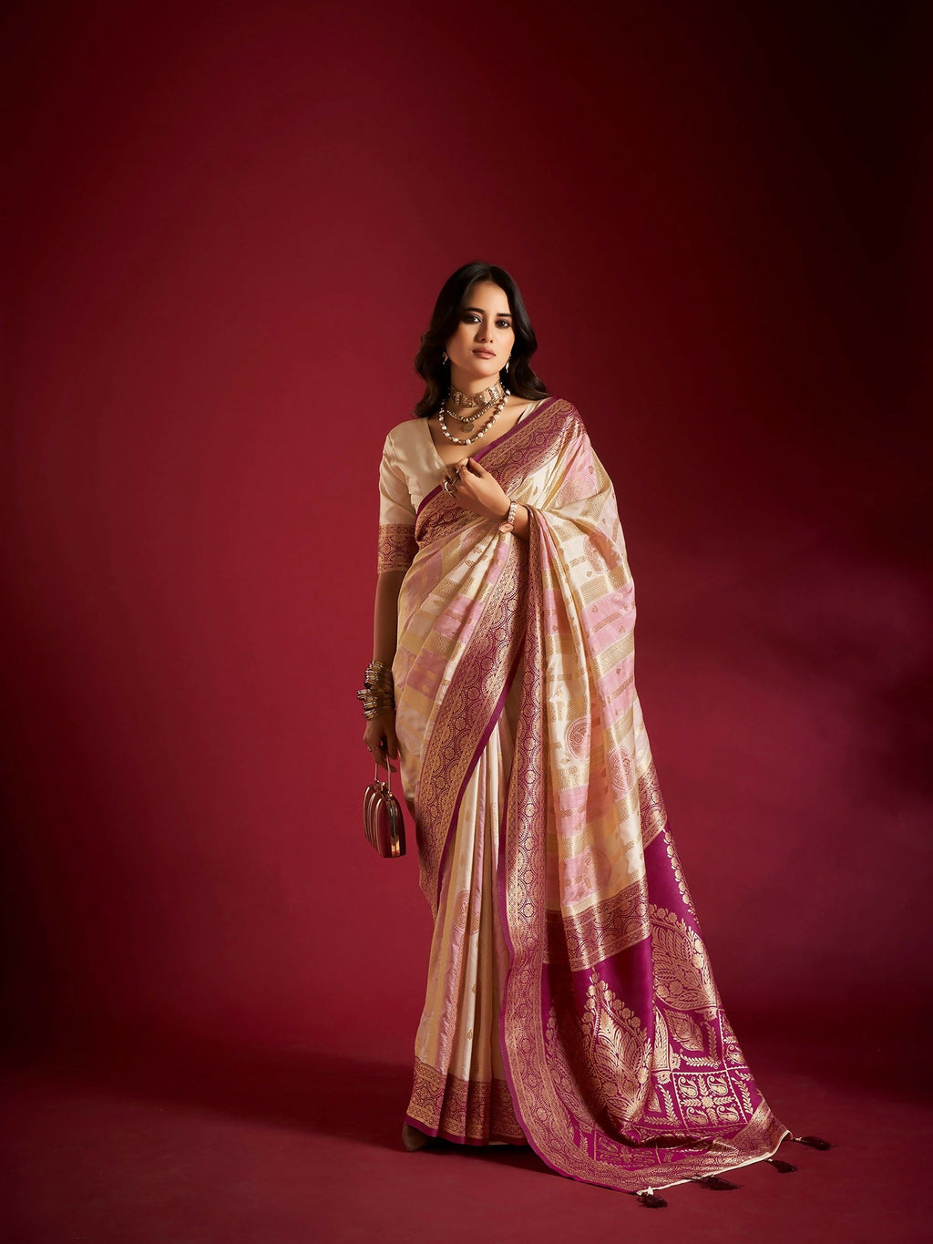 Joban Fashion Cream & Light Pink Plain With Weaving Border Banarasi Silk Sarees | Grocsy