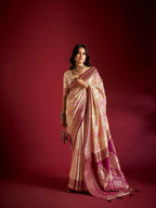 Joban Fashion Cream & Light Pink Plain With Weaving Border Banarasi Silk Sarees | Grocsy