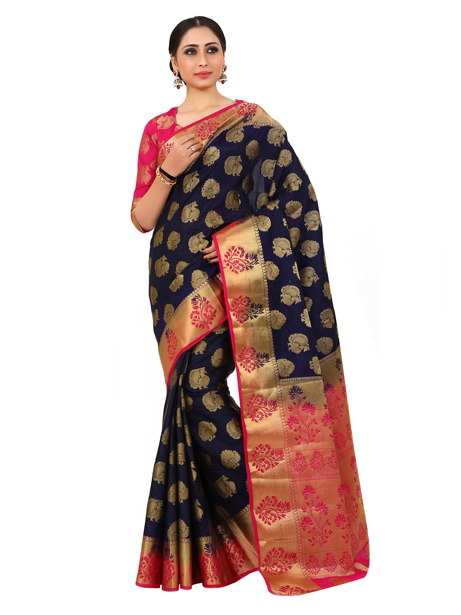 Mimosa Kanchipuram Silk Navy Blue Saree | Grocsy