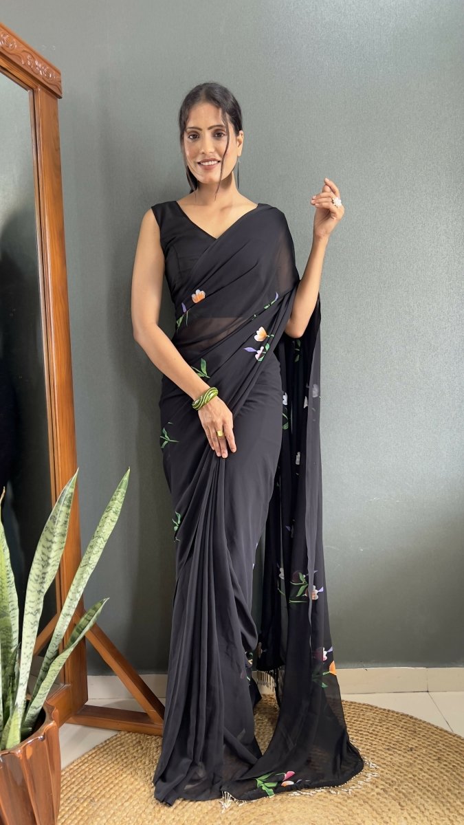 Aayaa Designer 1 min Hand Painted Ready to Wear saree - Black | Grocsy