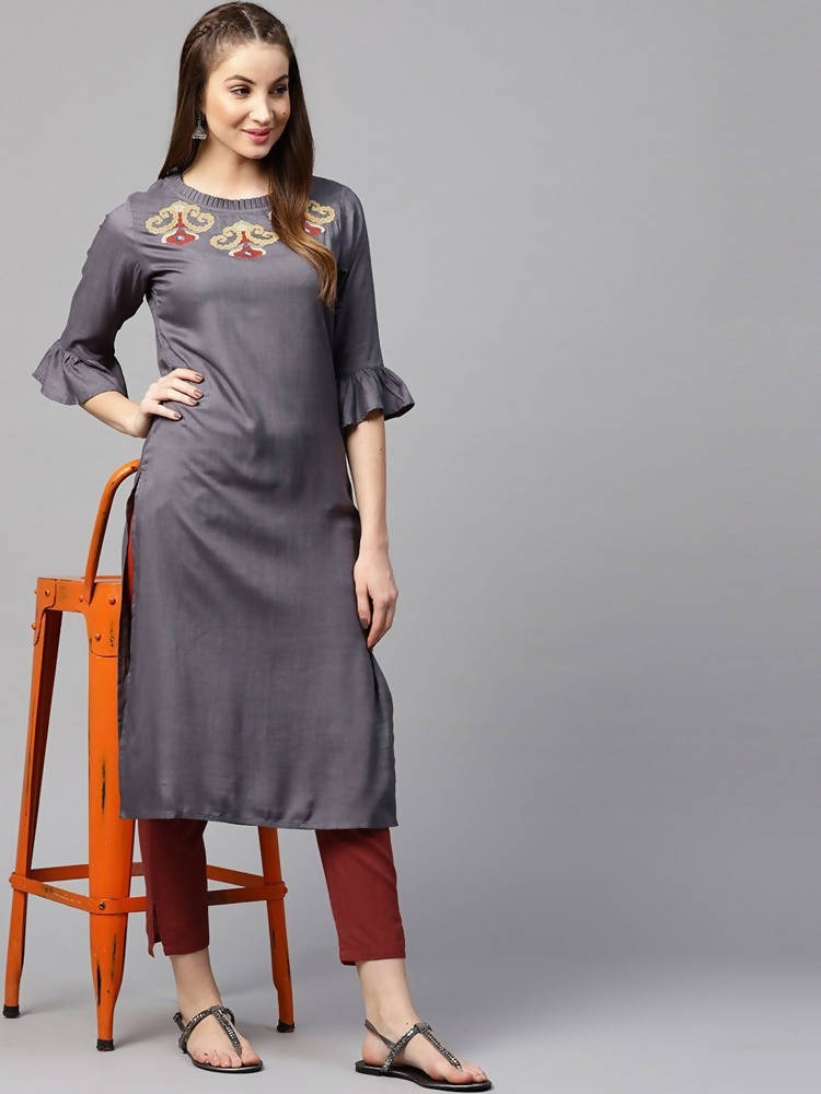 Yufta Women Grey & Maroon Solid Kurta with Trouser | Grocsy