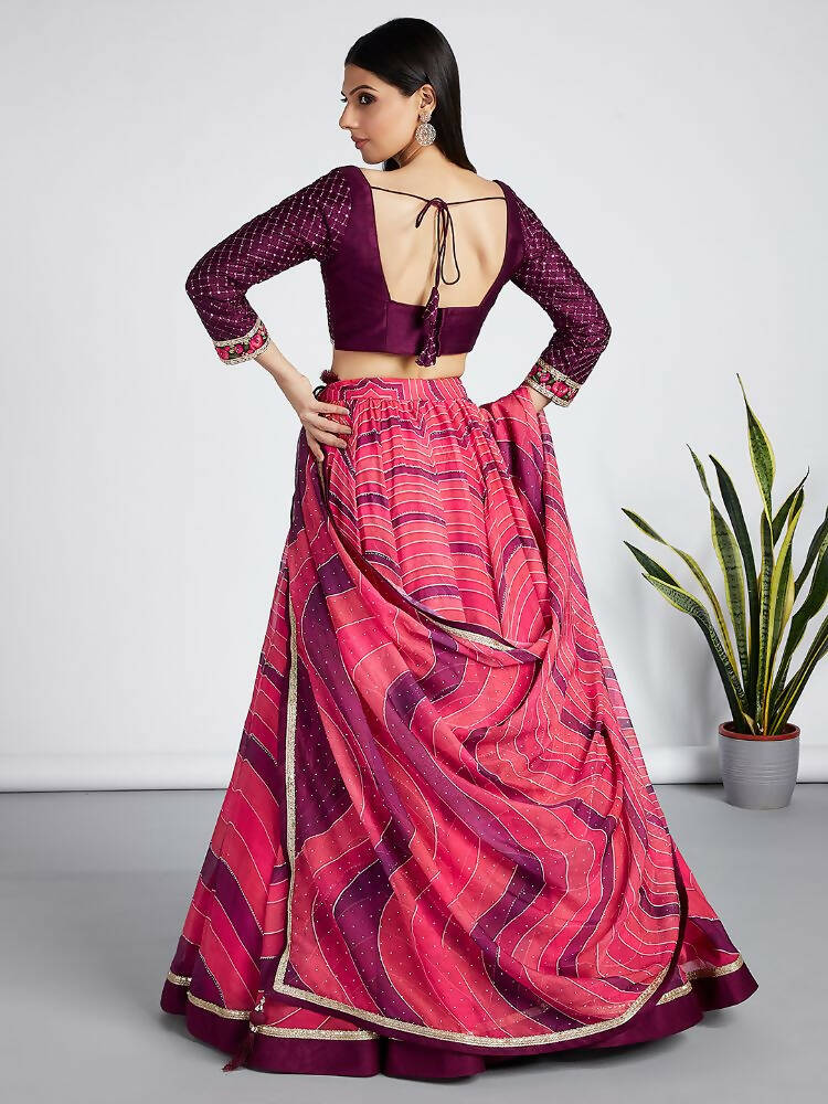 House of Panchhi Rose Organza Siroski Stone Work Leheriya Print Lehenga Choli & Dupatta | Grocsy