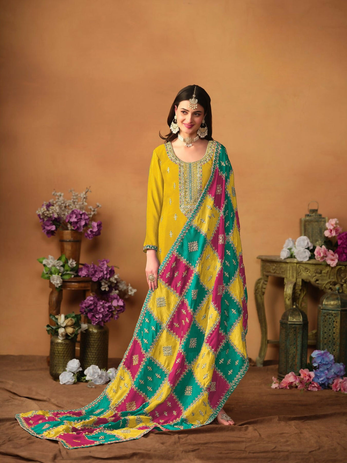 Anaita Mustard Embroidered Soft Organza Salwar Suit | Grocsy
