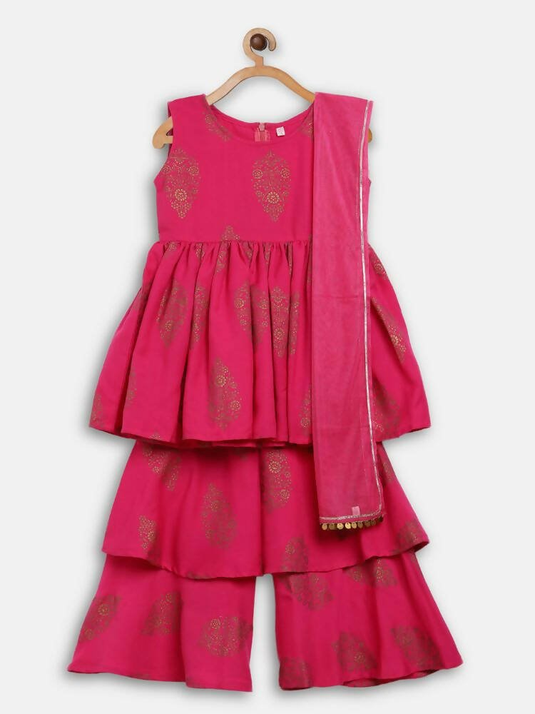 Ahalyaa Pink Rayon Printed Kids Kurta Sharara Set For Girls | Grocsy