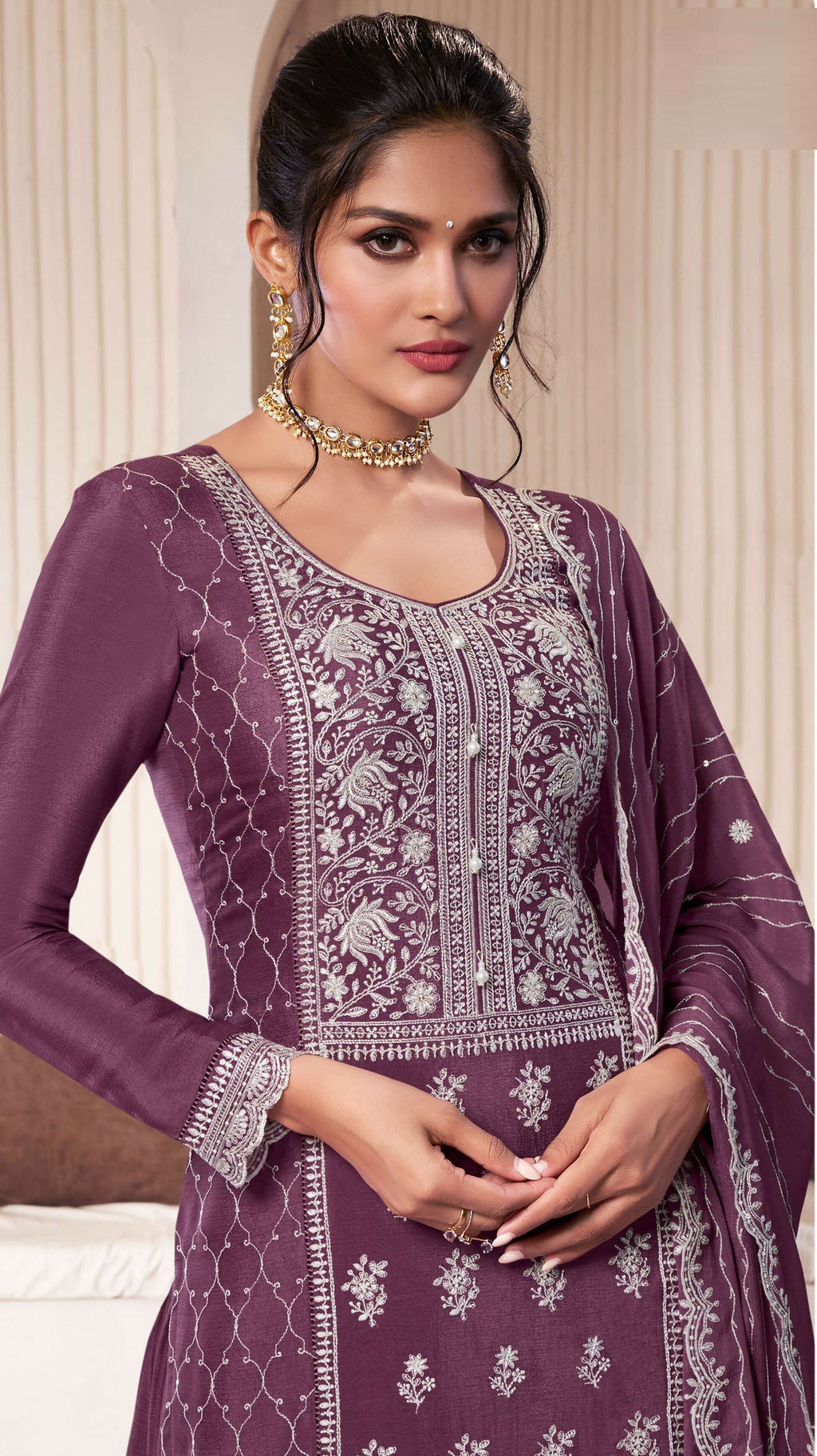Anaita Wine Embroidered Work Silk Stitched Sharara Suit | Grocsy