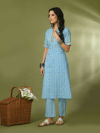 Myshka Women's Blue Printed Cotton Straight Party Kurta Set | Grocsy