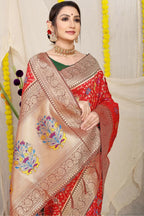 Jyoti Fashion Women's Red Patola Silk Zari Woven Saree with Blouse | Grocsy