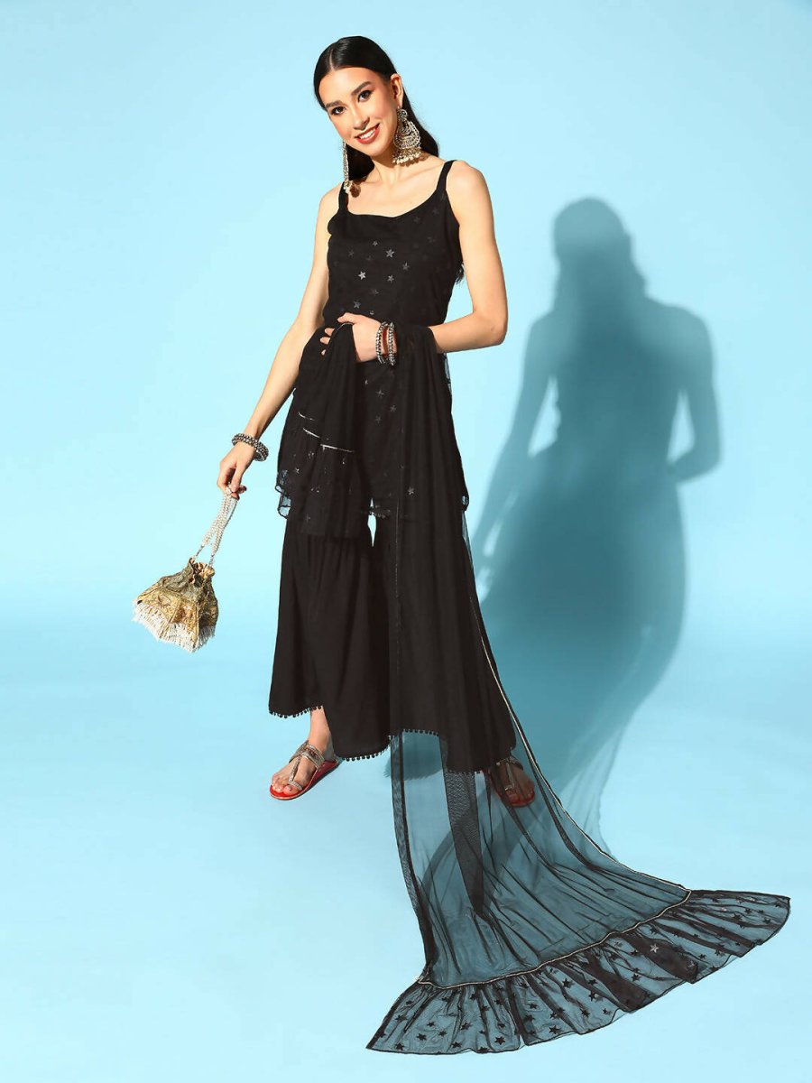 Ahalyaa Women Black Colour Crepe Foil Printed Kurta Sharara Set With Dupatta | Grocsy