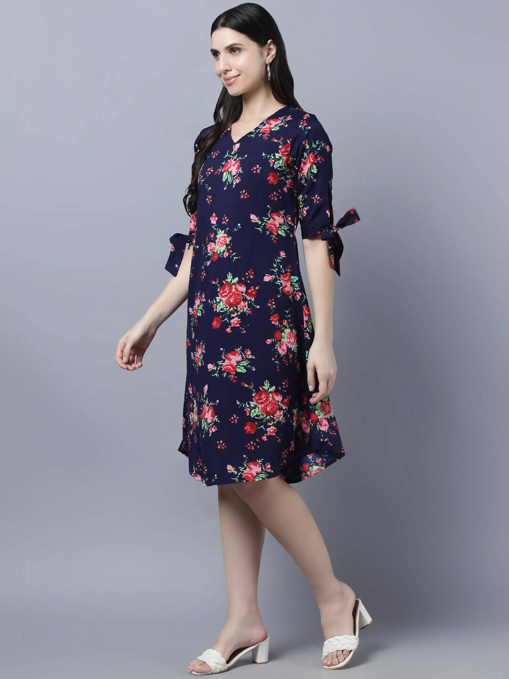 Myshka Women Navy Blue Pink Floral Print A-line Dress | Grocsy