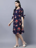 Myshka Women Navy Blue Pink Floral Print A-line Dress | Grocsy