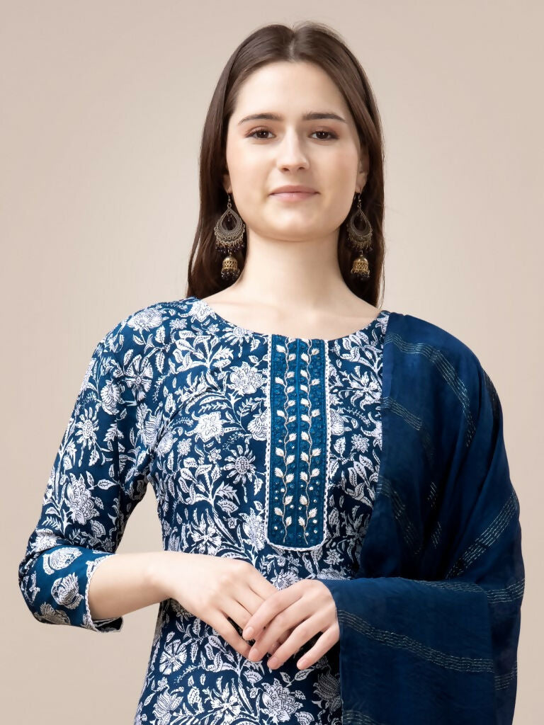 Jyoti Fashion Women's Morpich Rayon Print with Embroidery & Fancy Lace Work Kurta with Trouser & Dupatta | Grocsy