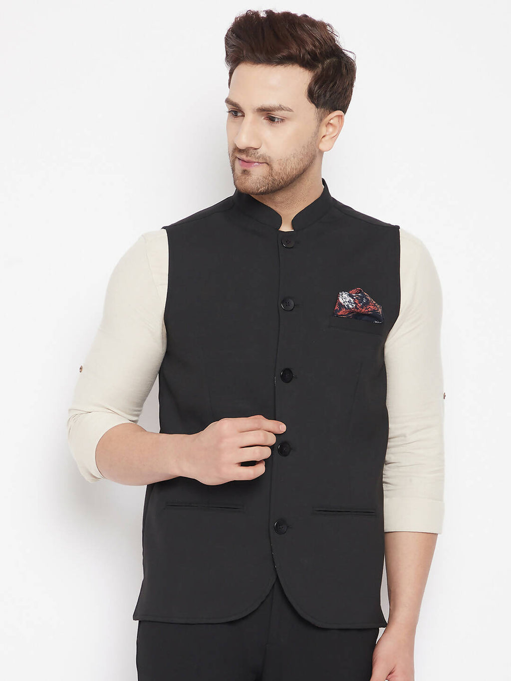 Even Apparels Black Merino Men's Nehru Jacket-Contrast Lining-Inbuilt Pocket Square | Grocsy