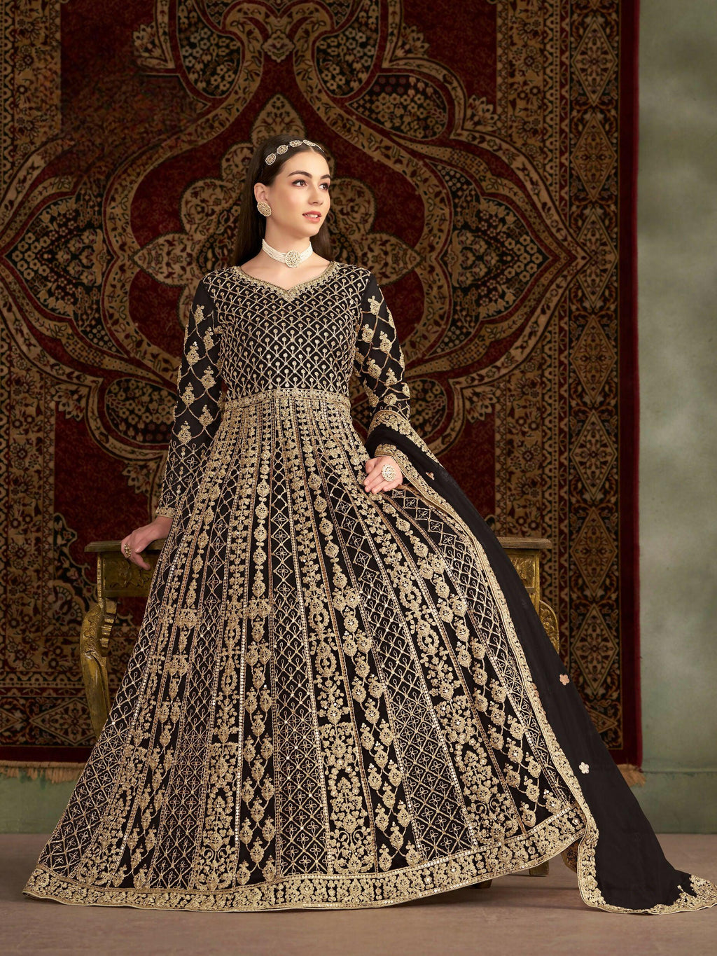 Anaita Black Embroidered Net Stitched Anarkali Suit | Grocsy