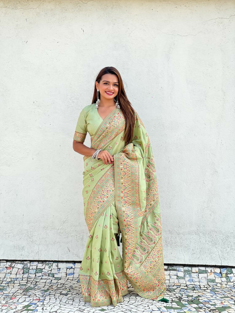 Pista Pashmina Silk Wevon Kashmiri Meenakari Designer Saree with Unstitched Blouse - Vandini | Grocsy