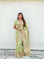 Pista Pashmina Silk Wevon Kashmiri Meenakari Designer Saree with Unstitched Blouse - Vandini | Grocsy