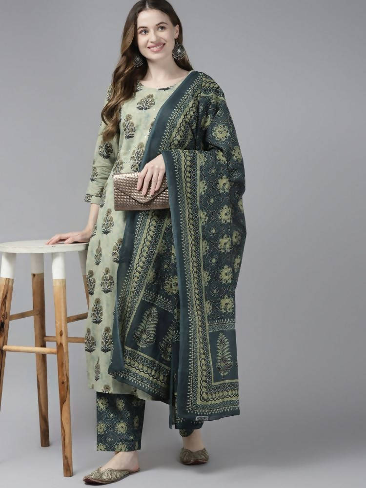 Yufta Women Beige Ethnic Motifs Aari Work Pure Cotton Kurta with Palazzo and Dupatta | Grocsy