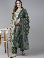 Yufta Women Beige Ethnic Motifs Aari Work Pure Cotton Kurta with Palazzo and Dupatta | Grocsy