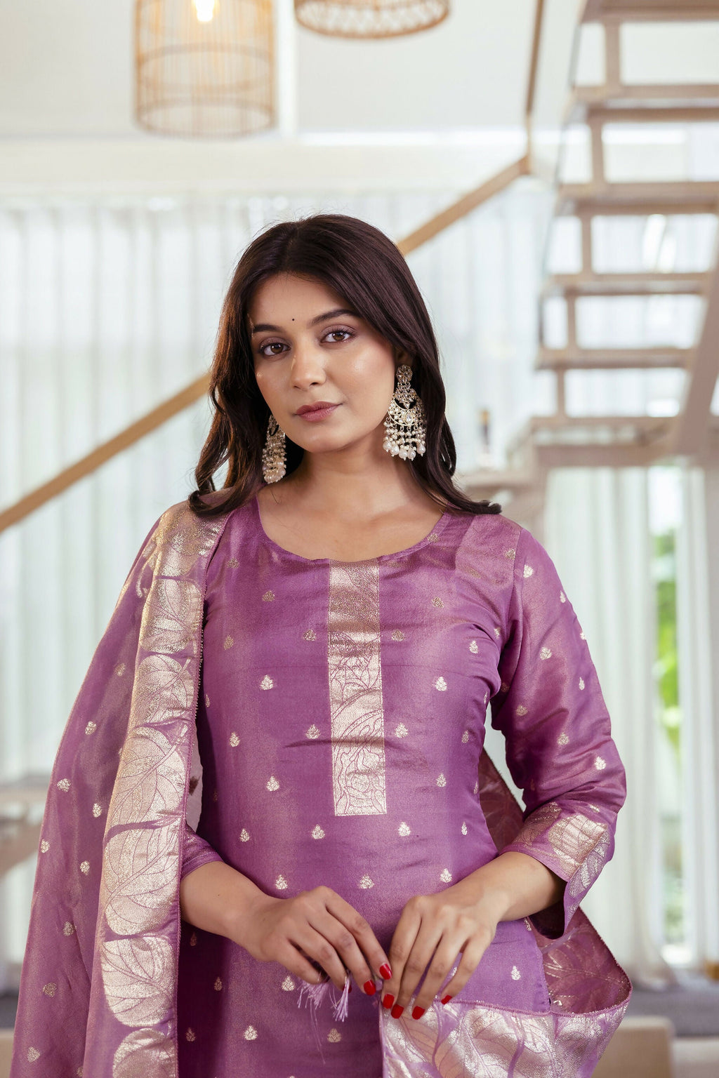 The52 Women's Beautiful Jacquard Butti Work Simmer Jacquard Fabric Straight Kurta Pant and Dupatta Set | Grocsy